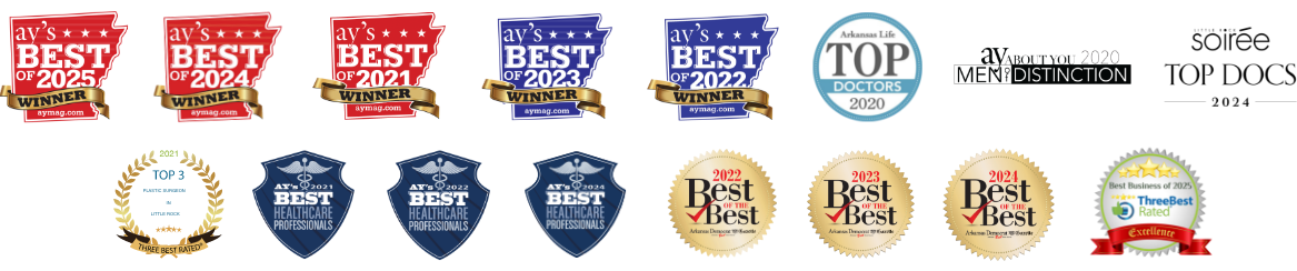 Wright Plastic Surgery and Med Spa awards from AY's Best of 2025 Winner, AY's Best of 2024 Winner, AY's Best of 2023 Winner, AY's Best of 2022 Winner, AY's Best of 2021 Winner, Arkansas Life Top Doctors 2020, AY Magazine Mention of Distinction 2020, Top 3 Auto Injury Attorneys in Little Rock 2024 (ThreeBestRated), AY's Best Healthcare Professionals 2021, 2022, 2024, Arkansas Democrat-Gazette Best of the Best 2022, 2023, 2024, Best Business of 2025 (ThreeBestRated Excellence Award