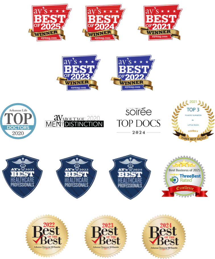 Wright Plastic Surgery and Med Spa awards from AY's Best of 2025 Winner, AY's Best of 2024 Winner, AY's Best of 2023 Winner, AY's Best of 2022 Winner, AY's Best of 2021 Winner, Arkansas Life Top Doctors 2020, AY Magazine Mention of Distinction 2020, Top 3 Auto Injury Attorneys in Little Rock 2024 (ThreeBestRated), AY's Best Healthcare Professionals 2021, 2022, 2024, Arkansas Democrat-Gazette Best of the Best 2022, 2023, 2024, Best Business of 2025 (ThreeBestRated Excellence Award