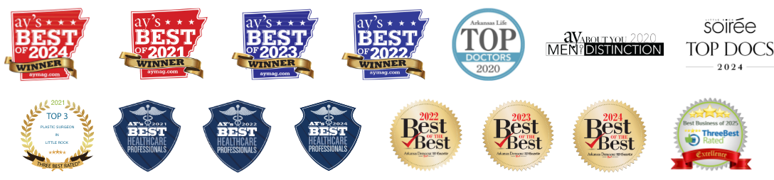 Wright Plastic Surgery and Med Spa awards from AY's Best of 2024 Winner, AY's Best of 2023 Winner, AY's Best of 2022 Winner, AY's Best of 2021 Winner, Arkansas Life Top Doctors 2020, AY Magazine Mention of Distinction 2020, Top 3 Auto Injury Attorneys in Little Rock 2024 (ThreeBestRated), AY's Best Healthcare Professionals 2021, 2022, 2024, Arkansas Democrat-Gazette Best of the Best 2022, 2023, 2024, Best Business of 2025 (ThreeBestRated Excellence Award