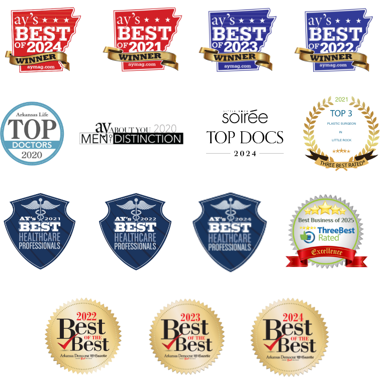 Wright Plastic Surgery and Med Spa awards from AY's Best of 2024 Winner, AY's Best of 2023 Winner, AY's Best of 2022 Winner, AY's Best of 2021 Winner, Arkansas Life Top Doctors 2020, AY Magazine Mention of Distinction 2020, Top 3 Auto Injury Attorneys in Little Rock 2024 (ThreeBestRated), AY's Best Healthcare Professionals 2021, 2022, 2024, Arkansas Democrat-Gazette Best of the Best 2022, 2023, 2024, Best Business of 2025 (ThreeBestRated Excellence Award