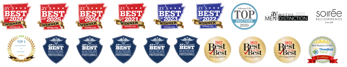 AY's Best of 2026 Winner; AY's Best of 2025 Winner; AY's Best of 2024 Winner; AY's Best of 2023 Winner; AY's Best of 2022 Winner; AY's Best of 2021 Winner; Arkansas Life Top Doctors 2020; AY Magazine Mention of Distinction 2020; Soiree Recommends 2026; Three Best Rated - Top 3 Plastic Surgeons in Little Rock - 2026; AY's Best Healthcare Professionals 2026, 2025, 2024, 2023, 2022, 2021; Arkansas Democrat-Gazette Best of the Best 2022, 2023, 2024; Best Business of 2025 (ThreeBestRated Excellence Award)