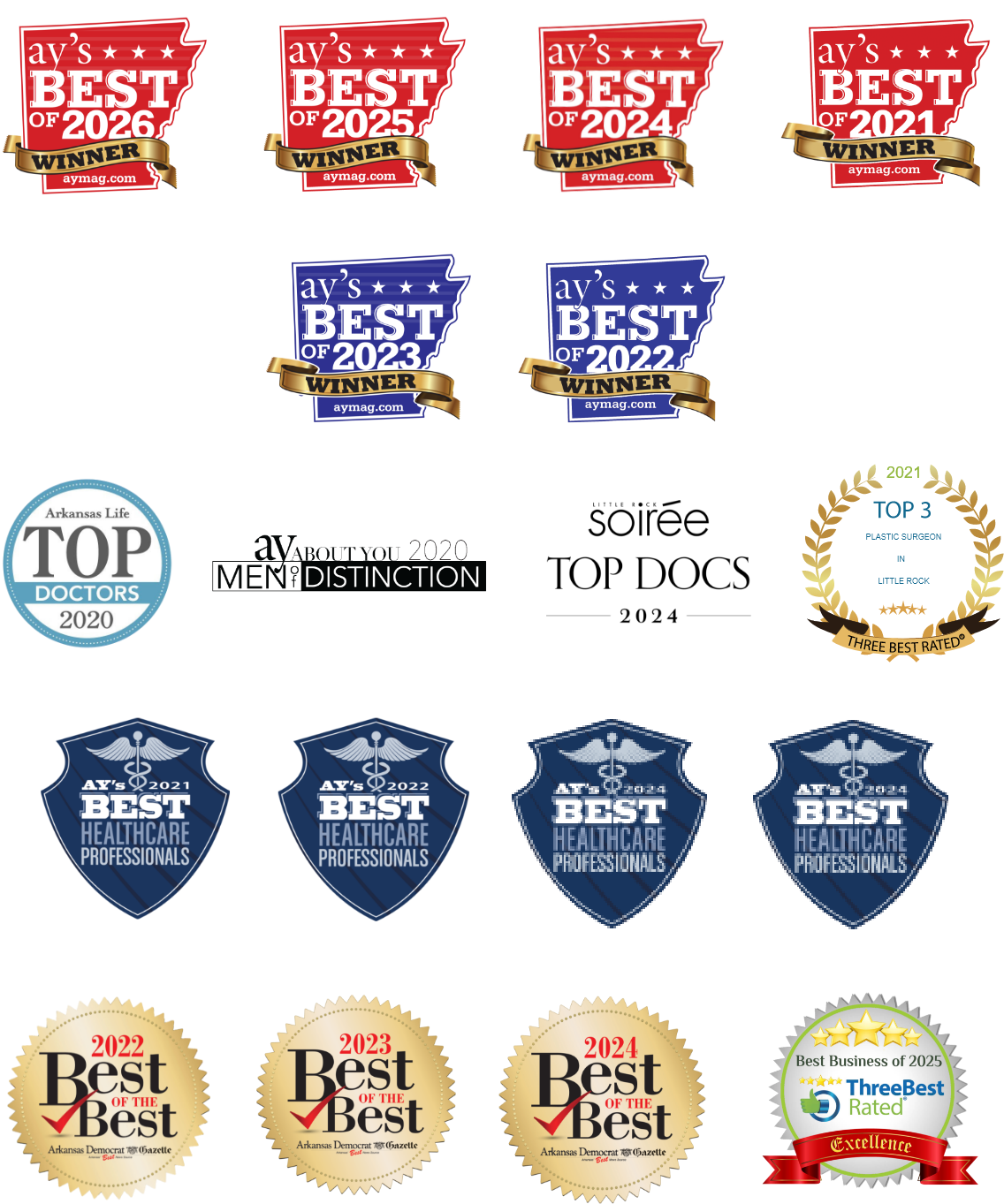 AY's Best of 2026 Winner, AY's Best of 2025 Winner, AY's Best of 2024 Winner, AY's Best of 2023 Winner, AY's Best of 2022 Winner, AY's Best of 2021 Winner, Arkansas Life Top Doctors 2020, AY Magazine Mention of Distinction 2020, Top 3 Auto Injury Attorneys in Little Rock 2024 (ThreeBestRated), AY's Best Healthcare Professionals 2021, 2022, 2024, 2025, Arkansas Democrat-Gazette Best of the Best 2022, 2023, 2024, Best Business of 2025 (ThreeBestRated Excellence Award)