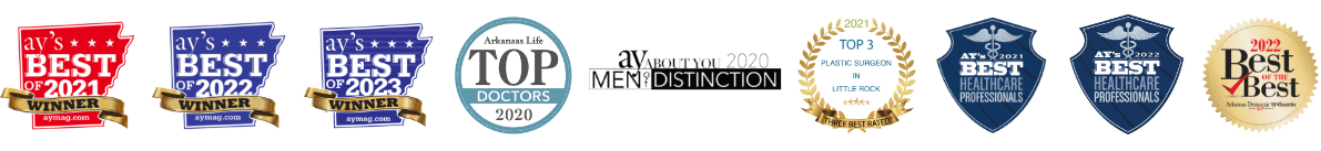 Wright Plastic Surgery awards from ay's best of 2021 and 2022, ay about you 2020 men of distinction, arkansas life top 2020 doctors, top 3 plastic surgeons in little rock 2021, ay's best healthcare professionals of 2021 and 2022
