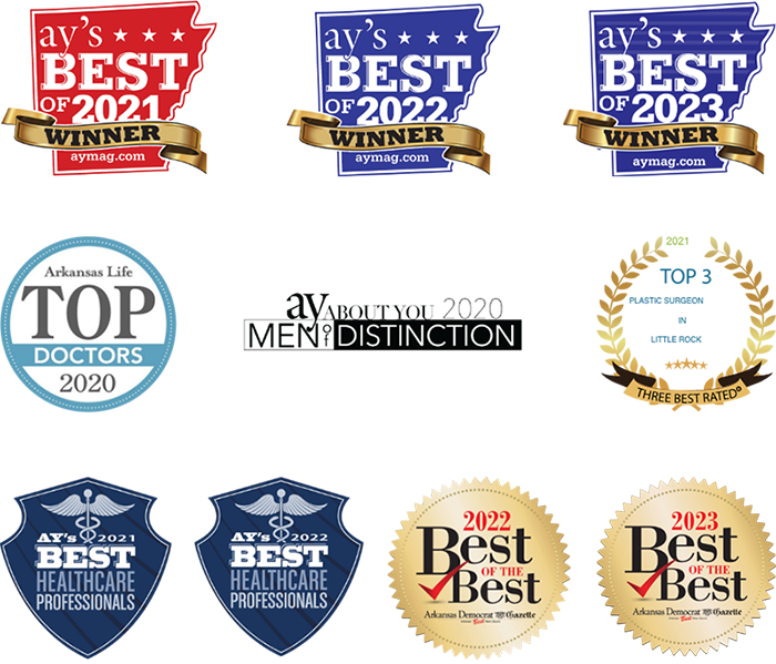 Wright Plastic Surgery awards from ay's best of 2021, 2022, & 2023, ay about you 2020 men of distinction, arkansas life top 2020 doctors, top 3 plastic surgeons in little rock 2021, ay's best healthcare professionals of 2021 and 2022, Arkansas Democrat Gazette Best of the Best 2022 & 2023
