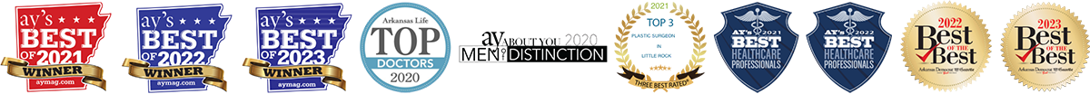 Wright Plastic Surgery awards from ay's best of 2021, 2022, & 2023, ay about you 2020 men of distinction, arkansas life top 2020 doctors, top 3 plastic surgeons in little rock 2021, ay's best healthcare professionals of 2021 and 2022, Arkansas Democrat Gazette Best of the Best 2022 & 2023