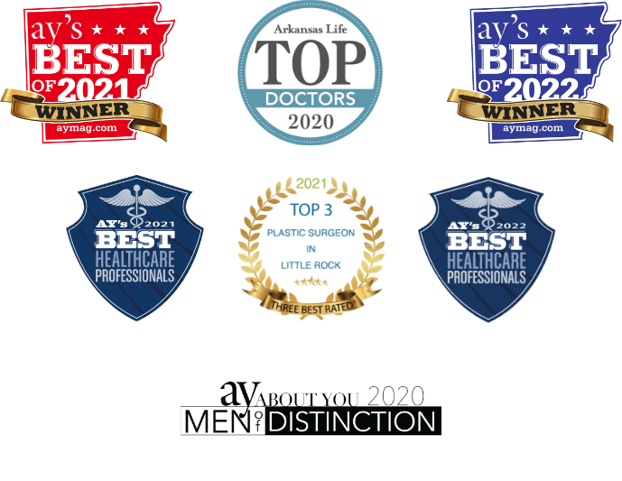 Wright Plastic Surgery awards from ay's best of 2021 and 2022, ay about you 2020 men of distinction, arkansas life top 2020 doctors, top 3 plastic surgeons in little rock 2021, ay's best healthcare professionals of 2021 and 2022