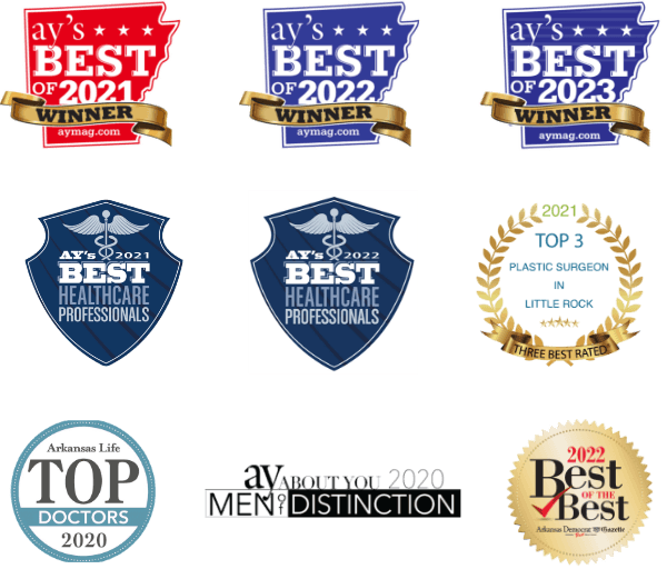Wright Plastic Surgery awards from ay's best of 2021 and 2022, ay about you 2020 men of distinction, arkansas life top 2020 doctors, top 3 plastic surgeons in little rock 2021, ay's best healthcare professionals of 2021 and 2022