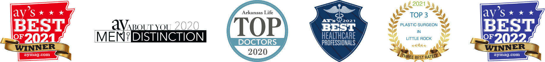 Wright Plastic Surgery awards from ay's best of 2021 and 2022, ay about you 2020 men of distinction, arkansas life top 2020 doctors, top 3 plastic surgeons in little rock 2021