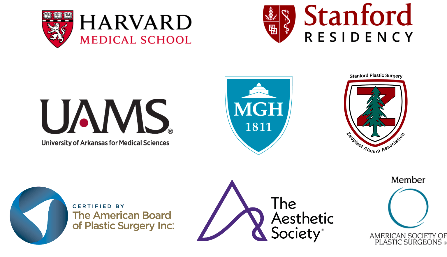 Logos for UAMS, Stanford Residency, Harvard Medical School, MGH, The American Board of Plastic Surgery, Inc., The Aesthetic Society, and the American Society of Plastic Surgeons