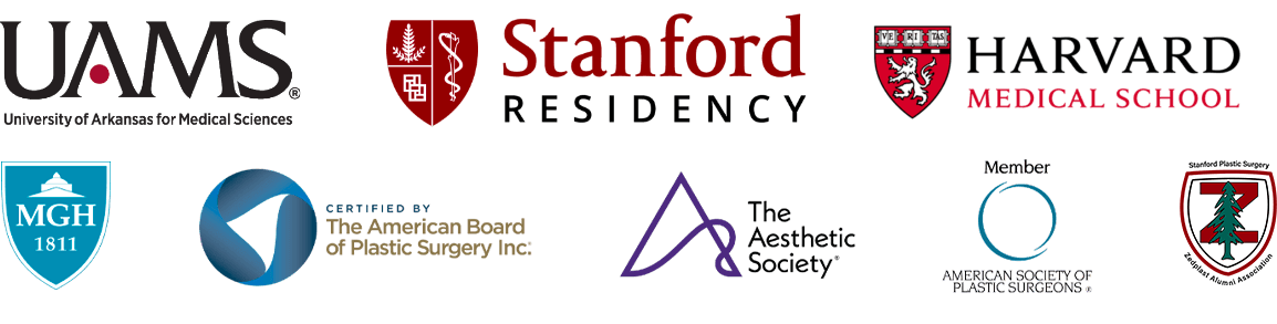 Logos for UAMS, Stanford Residency, Harvard Medical School, MGH, The American Board of Plastic Surgery, Inc., The Aesthetic Society, and the American Society of Plastic Surgeons