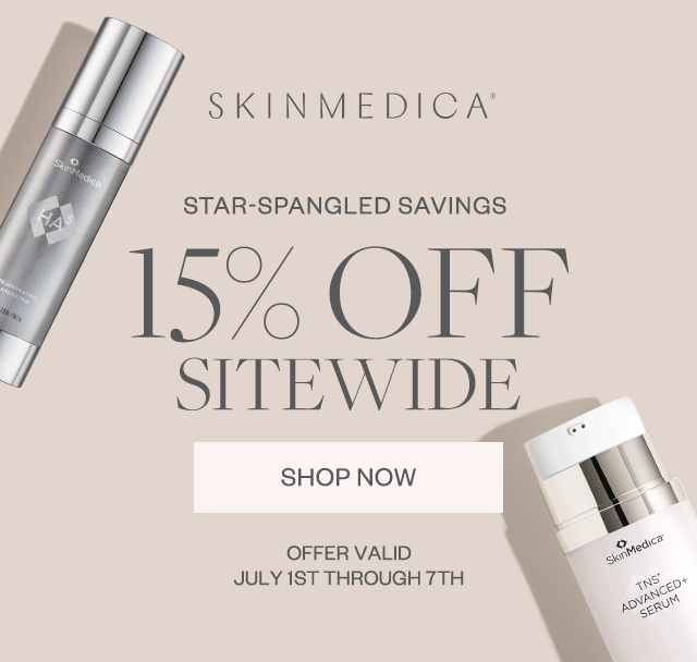 SkinMedica 15% off sale ad with examples of products