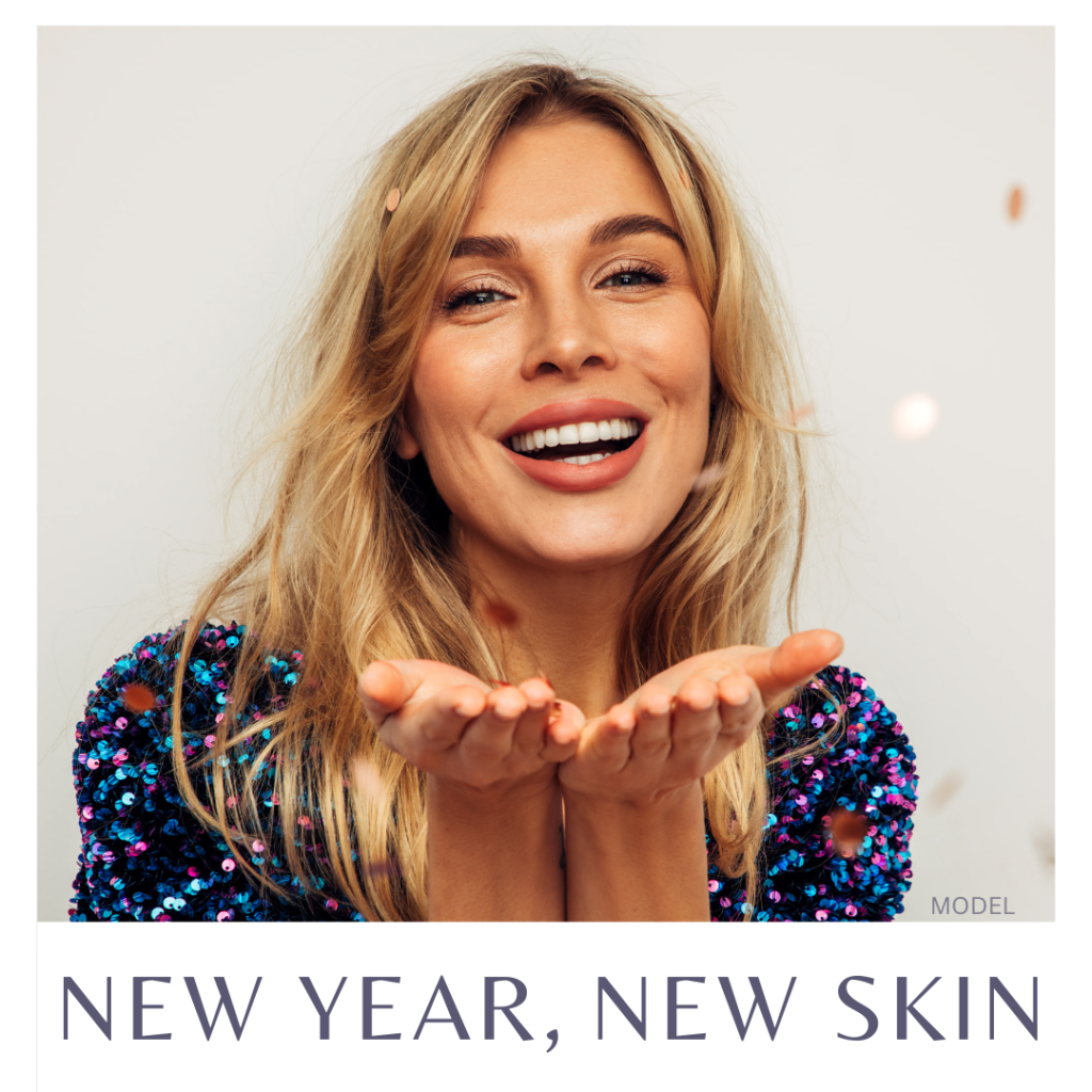 Woman throwing confetti (model) and text that reads "New Year, New Skin"