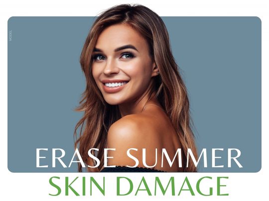 A woman smiling (model) with text that reads "Erase Summer Skin Damage"