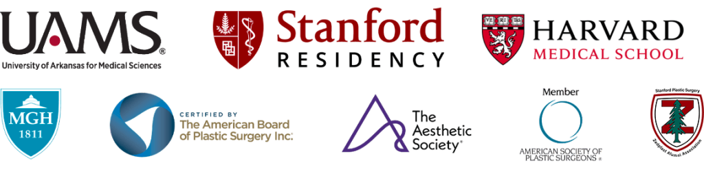 Logos for UAMS, Stanford Residency, Harvard Medical School, MGH, The American Board of Plastic Surgery, Inc., The Aesthetic Society, and the American Society of Plastic Surgeons