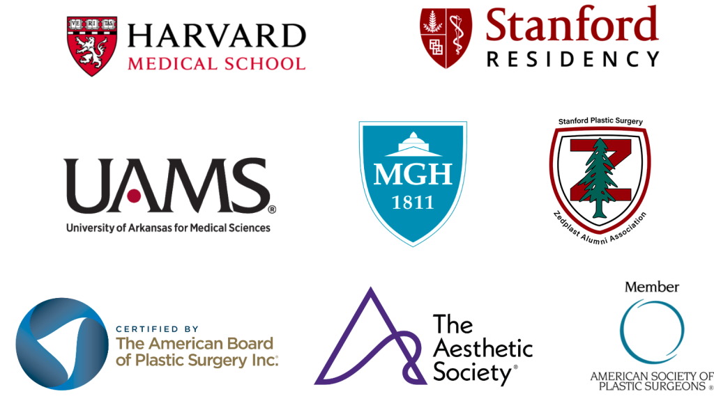 Logos for UAMS, Stanford Residency, Harvard Medical School, MGH, The American Board of Plastic Surgery, Inc., The Aesthetic Society, and the American Society of Plastic Surgeons