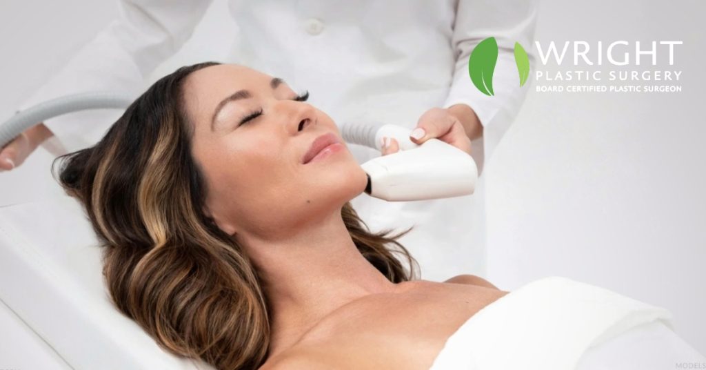Woman receiving MOXI laser skin resurfacing treatment on her face (model).