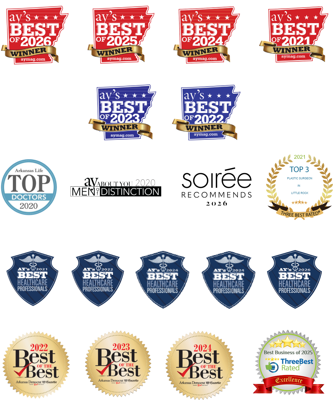 AY's Best of 2025 Winner, AY's Best of 2026 Winner, AY's Best of 2024 Winner, AY's Best of 2023 Winner, AY's Best of 2022 Winner, AY's Best of 2021 Winner, Arkansas Life Top Doctors 2020, AY Magazine Mention of Distinction 2020, Top 3 Auto Injury Attorneys in Little Rock 2024 (ThreeBestRated), AY's Best Healthcare Professionals 2021, 2022, 2024, 2025, Arkansas Democrat-Gazette Best of the Best 2022, 2023, 2024, Best Business of 2025 (ThreeBestRated Excellence Award), Soiree Top Docs 2026,